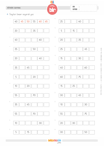 1.S�n�f Be�er Ritmik Sayma (100�e kadar)(1) Etkinli�i