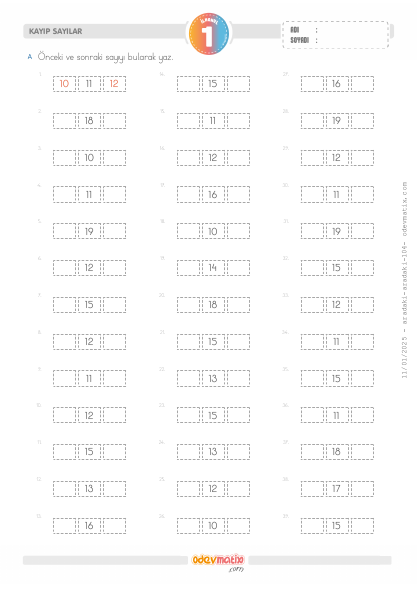 1.S�n�f �nceki ve Sonraki Say�y� Bulma (20�ye Kadar)(1) Etkinli�i