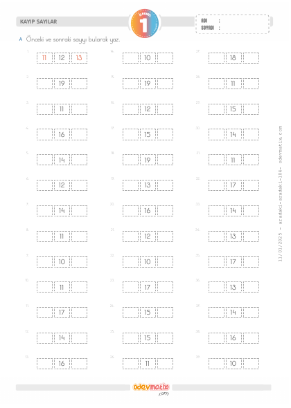 1.S�n�f �nceki ve Sonraki Say�y� Bulma (20�ye Kadar)(2) Etkinli�i