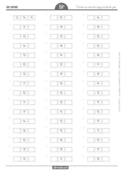 1.S�n�f �nceki ve Sonraki Say�y� Bulma (20�ye Kadar)(3) Etkinli�i