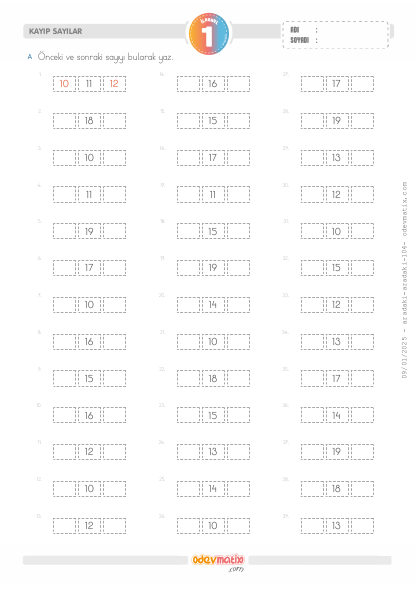 1.S�n�f �nceki ve Sonraki Say�y� Bulma (20�ye Kadar)(4) Etkinli�i