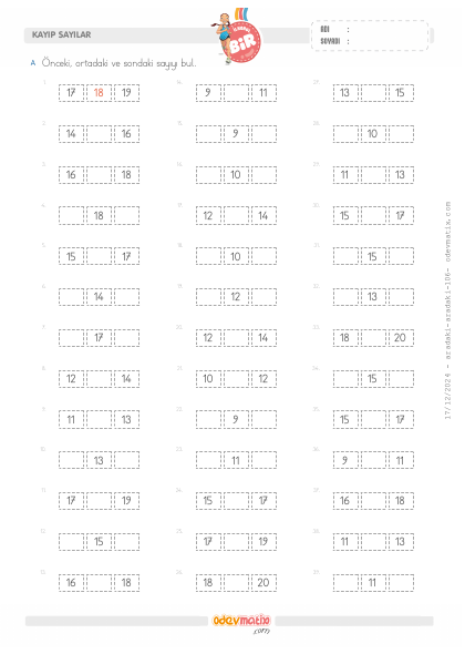 1.S�n�f �nceki, Aradaki ve Sondakini Bulma (20�ye Kadar)(2) Etkinli�i