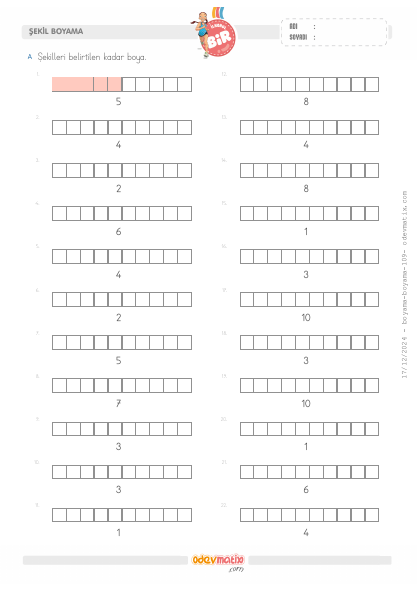 1.S�n�f Say� Kadar�n� Boyama (10�a kadar)(1) Etkinli�i