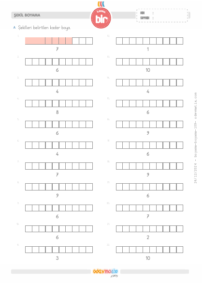 1.S�n�f Say� Kadar�n� Boyama (10�a kadar)(5) Etkinli�i