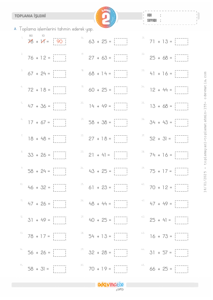 2.S�n�f Yan Yana Toplam� Tahmin Etme(1) Etkinli�i