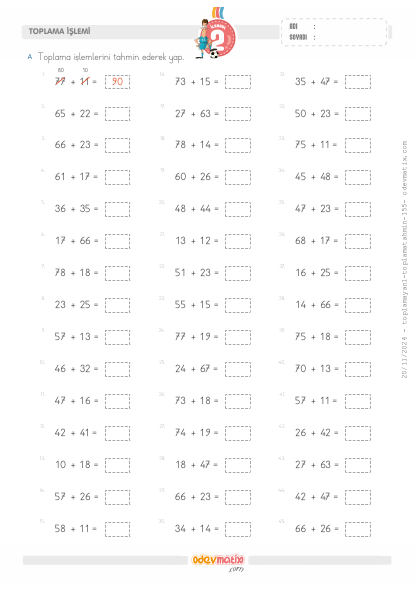 2.S�n�f Yan Yana Toplam� Tahmin Etme(2) Etkinli�i