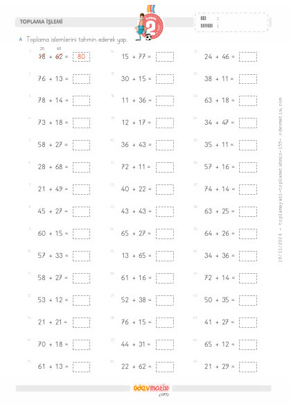 2.S�n�f Yan Yana Toplam� Tahmin Etme(4) Etkinli�i
