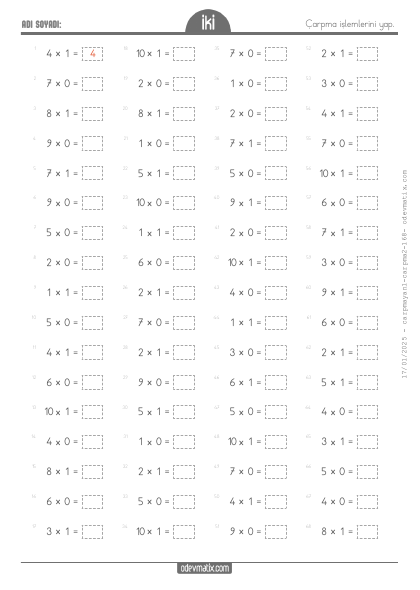 2.S�n�f 1 ve 0 ile �arpma ��lemi(5) Etkinli�i