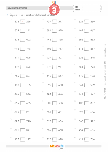 3.S�n�f Say� Kar��la�t�rma(1) Etkinli�i