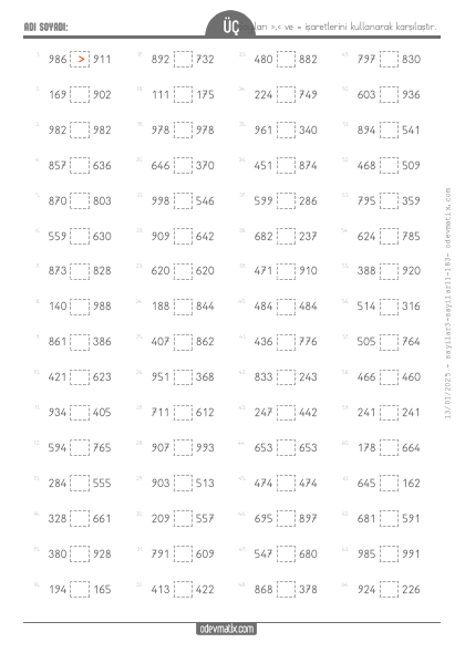 3.S�n�f Say� Kar��la�t�rma(3) Etkinli�i