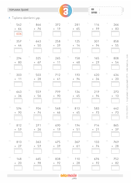 3.S�n�f 3 Basamakl� ile 2 Basamakl� Toplama ��lemi(1) Etkinli�i