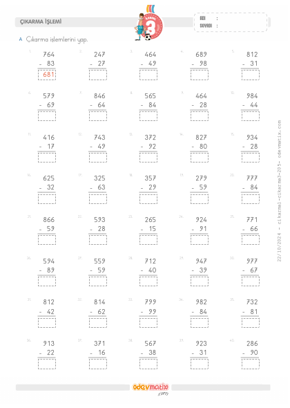 3.S�n�f 3 Basamakl� ile 2 Basamakl� Onluk Bozmal� ��karma ��lemi(2) Etkinli�i