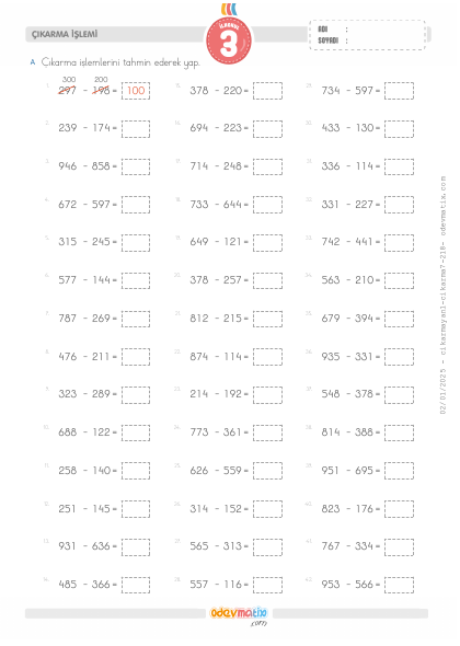 3.S�n�f Yan Yana Fark� Tahmin Etme(2) Etkinli�i