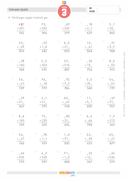 3.S�n�f Verilmeyenli Kolay Toplama ��lemi(3) Etkinli�i