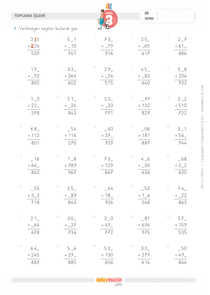 3.S�n�f Verilmeyenli Toplama ��lemi(3) Etkinli�i