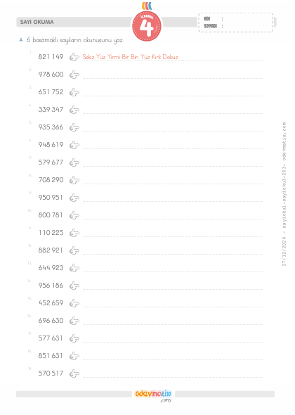 4.S�n�f 6 Basamakl� Say�lar� Okuma(2) Etkinli�i