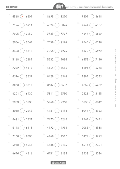4.S�n�f Kolay 4 Basamakl� Say�lar� Kar��la�t�rma(1) Etkinli�i