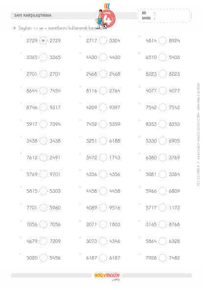 4.S�n�f Kolay 4 Basamakl� Say�lar� Kar��la�t�rma(3) Etkinli�i