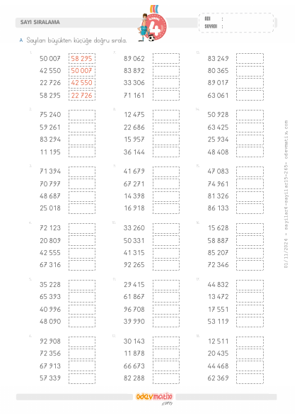 4.S�n�f 5 Basamakl� Say�lar� B�y�kten K����e Kolay S�ralama (1) Etkinli�i