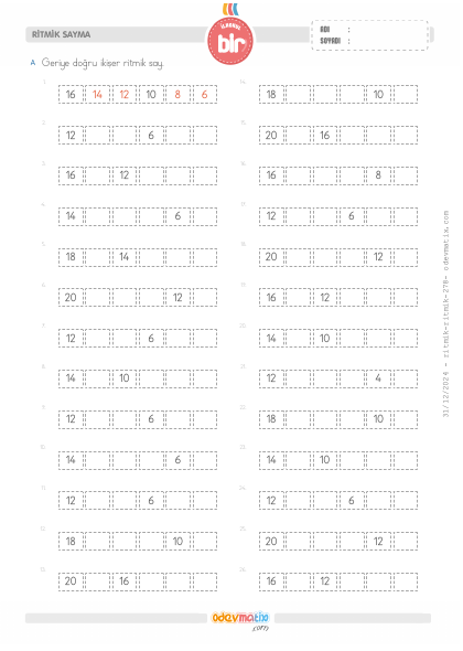 1.S�n�f �ki�er Geri Ritmik Sayma(1) Etkinli�i