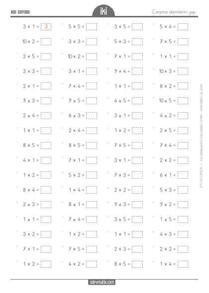 2.S�n�f �arp�m Tablosu(3) Etkinli�i