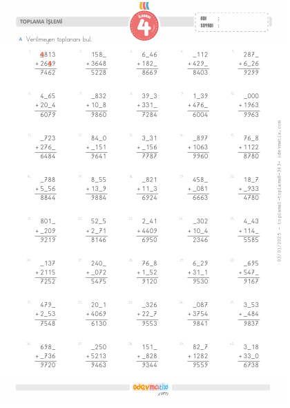 4.S�n�f Verilmeyenli Toplama ��lemi(1) Etkinli�i