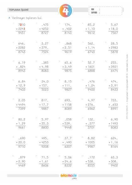 4.S�n�f Verilmeyenli Toplama ��lemi(3) Etkinli�i