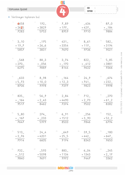 4.S�n�f Verilmeyenli Toplama ��lemi(4) Etkinli�i