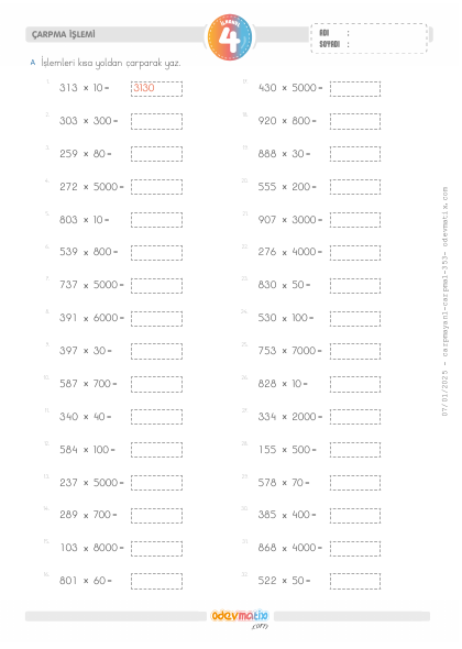 4.S�n�f K�sa Yoldan �arpma ��lemi(3) Etkinli�i