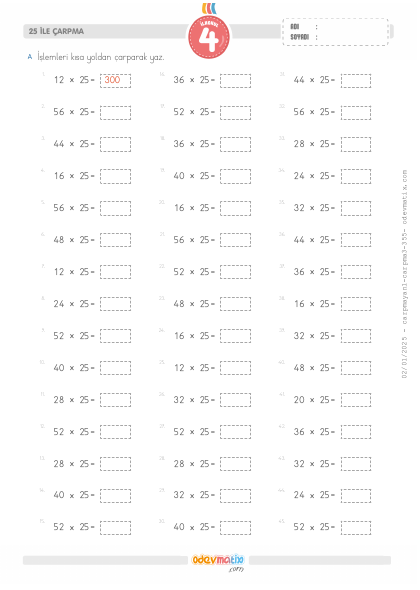 4.S�n�f 25 ile K�sa Yoldan �arpma(2) Etkinli�i