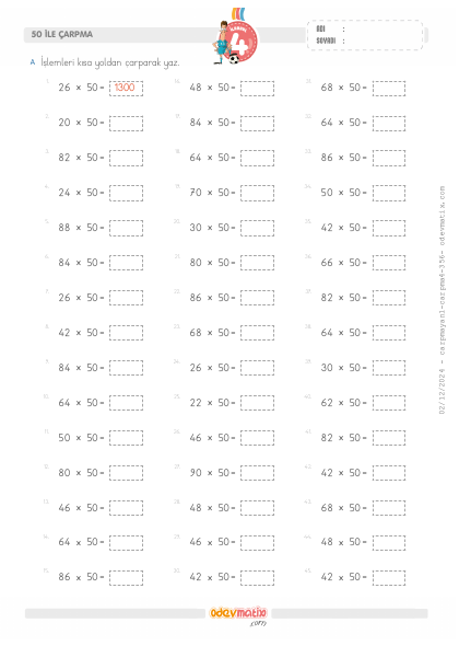 4.S�n�f 50 ile K�sa Yoldan �arpma(4) Etkinli�i