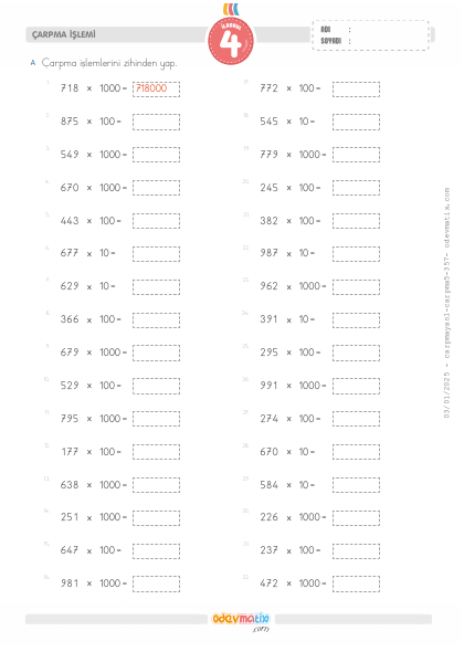 4.S�n�f Zihinden �arpma(2) Etkinli�i