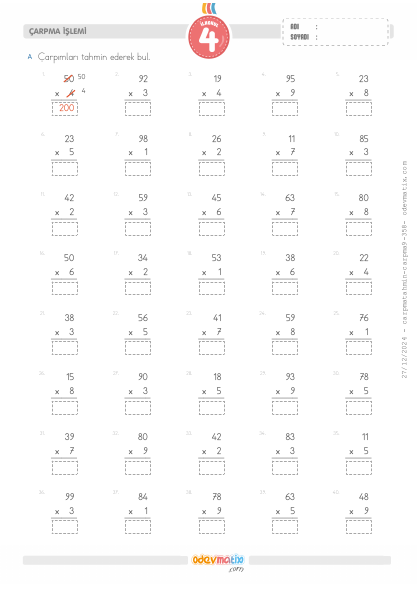 4.S�n�f �arpma Sonucunu Tahmin Etme(5) Etkinli�i