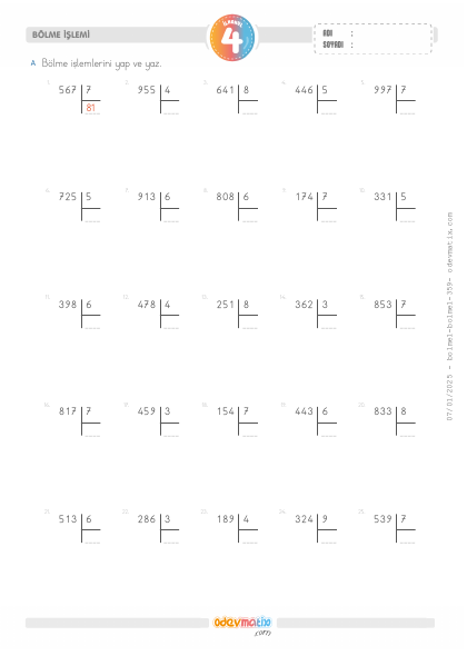 4.S�n�f 3 Basamakl� �le 1 Basamakl� Kalans�z B�lme(5) Etkinli�i
