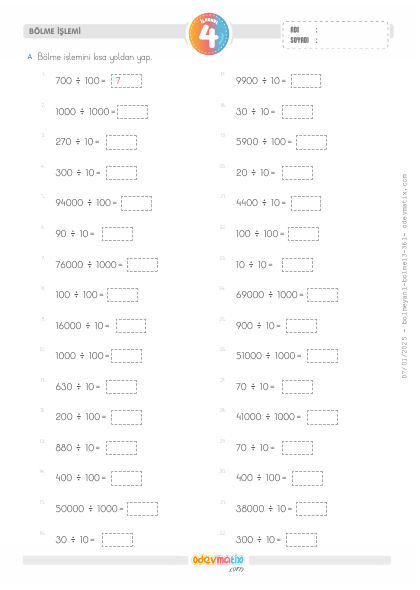 4.S�n�f K�sa Yoldan B�lme ��lemi(2) Etkinli�i