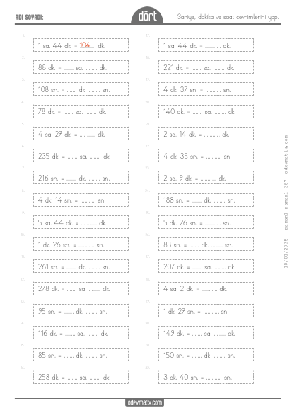 4.S�n�f Saniye-Dakika Saat �evirme(2) Etkinli�i