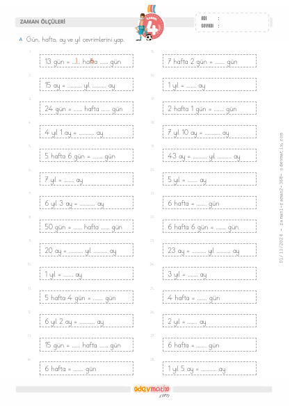 4.S�n�f G�n-Hafta-Ay-Y�l �evirme(2) Etkinli�i