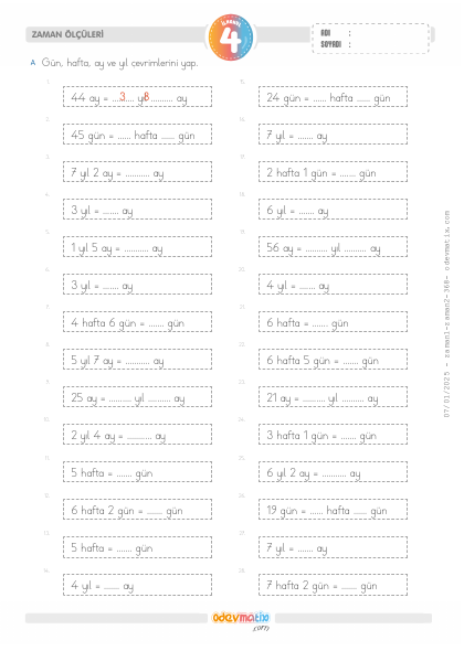 4.S�n�f G�n-Hafta-Ay-Y�l �evirme(3) Etkinli�i