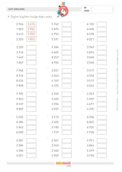 4.S�n�f 4 Basamakl� Say�lar� B�y�kten K����e S�ralama(3) Etkinli�i