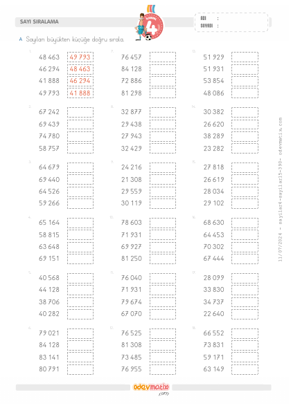4.S�n�f 5 Basamakl� Say�lar� B�y�kten K����e S�ralama(1) Etkinli�i