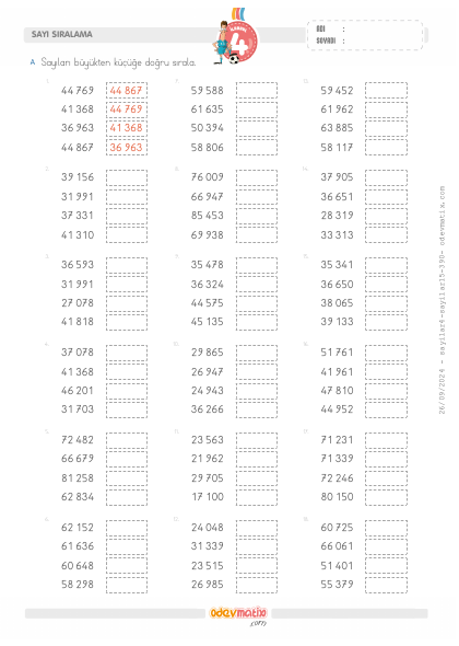 4.S�n�f 5 Basamakl� Say�lar� B�y�kten K����e S�ralama(5) Etkinli�i