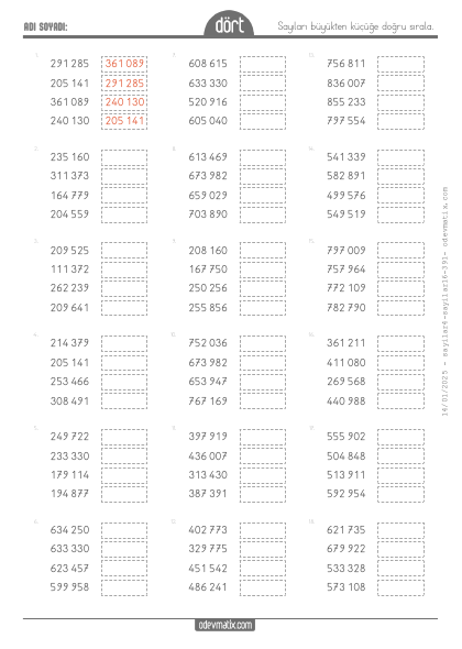 4.S�n�f 6 Basamakl� B�y�kten K����e S�ralama(1) Etkinli�i