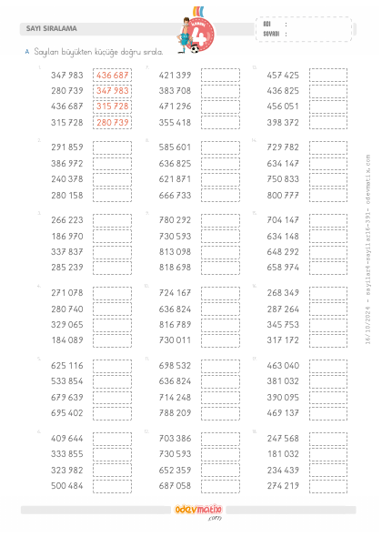 4.S�n�f 6 Basamakl� B�y�kten K����e S�ralama(3) Etkinli�i