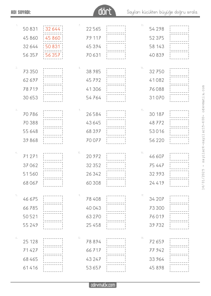 4.S�n�f 5 Basamakl� Say�lar� K���kten B�y��e S�ralama(5) Etkinli�i