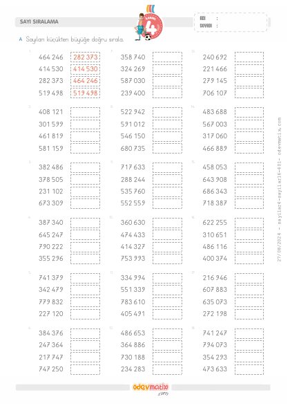 4.S�n�f 6 Basamakl� K���kten B�y��e Kolay S�ralama(5) Etkinli�i