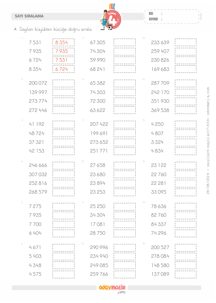 4.S�n�f B�y�kten K����e Say� S�ralama(1) Etkinli�i