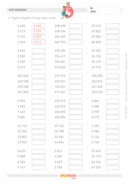 4.S�n�f B�y�kten K����e Say� S�ralama(3) Etkinli�i