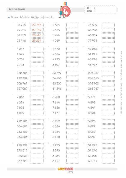 4.S�n�f B�y�kten K����e Say� S�ralama(4) Etkinli�i