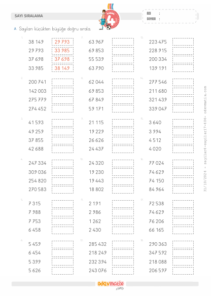 4.S�n�f K���kten B�y��e Say� S�ralama(1) Etkinli�i