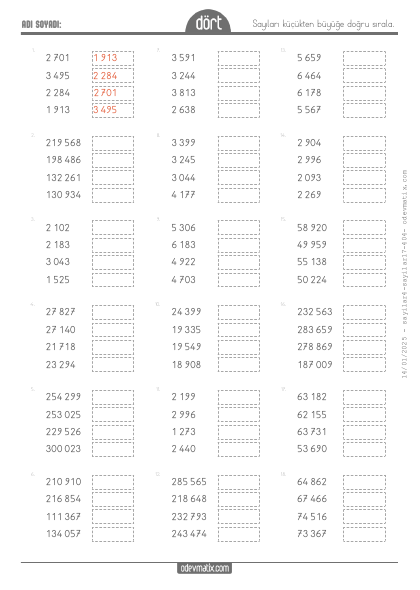 4.S�n�f K���kten B�y��e Say� S�ralama(2) Etkinli�i